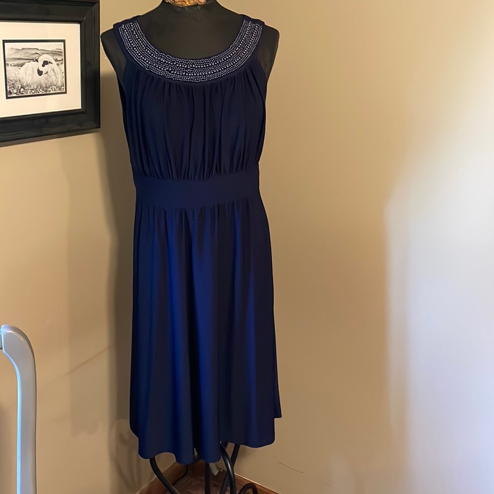 Polyester navy blue beaded round neck sleeveless dress